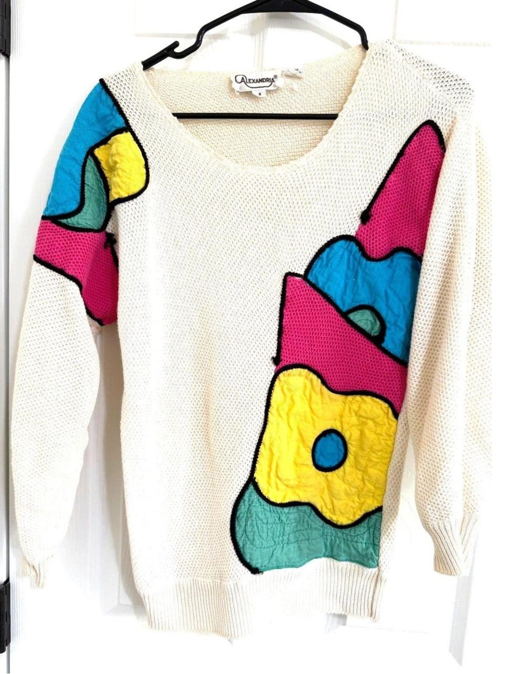 Vintage 80s Cream Knit Sweater Bold Abstract  Floral Appliqué